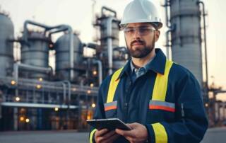 field management: Arbeiter steht mit iPad in der Hand vor Industrieanlage