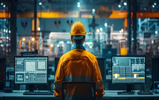 ine Person in einem Sicherheitshelm und einer Warnweste sitzt vor mehreren Monitoren in einer Fabrikumgebung, auf denen Instandhaltungskennzahlen und Wartungsmetriken angezeigt werden.