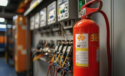 Feuerlöscher neben elektrischen Schaltschränken – Brandschutz-Inspektionen im Industriebereich