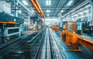 Digitale Fertigungshalle mit KI-Visualisierung von Maschinen und Produktionsprozessen