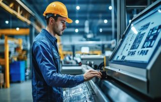 Mitarbeiter in der Produktion bedient ein System zur electronic batch record (EBR) und elektronischen Chargendokumentation.