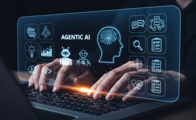 Agentic AI und Multiagentensysteme in der Praxis mit Symbolen für Datenanalyse, Automationsprozesse und digitale Entscheidungssysteme