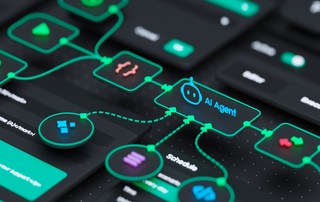 Visualisierung von Process Mining, bei der ein AI Agent als zentraler Knoten fungiert und mit Prozessschritten, Entscheidungen und Datenflüssen verbunden ist.