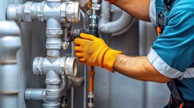Reparaturauftrag: Handwerker bei der Arbeit an Rohrleitungen