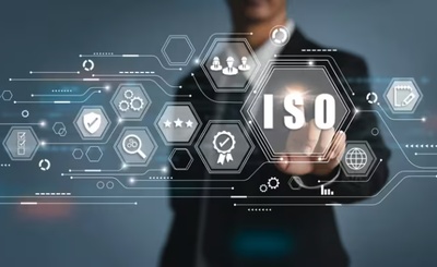 ISO 19011 Audit-Konzept mit einer Person, die eine digitale ISO-Oberfläche berührt, umgeben von Symbolen für Prüfungen, Dokumente, Sicherheit und Berichte