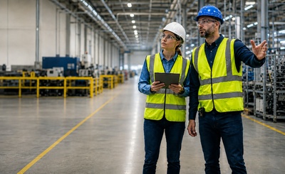 Sicherheitsbegehung Sicherheitsbegehung in einer Produktionshalle mit zwei Personen in Warnwesten, Schutzhelmen und Tablet