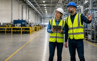Sicherheitsbegehung in einer Produktionshalle mit zwei Personen in Warnwesten, Schutzhelmen und Tablet