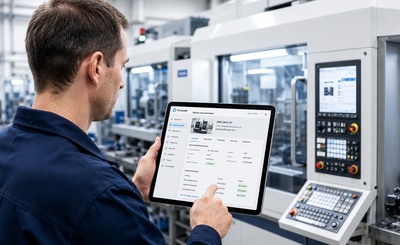 Digitale Maschinenakte Mitarbeiter vor einer CNC-Maschine mit Tablet und geöffneter digitaler Maschinenakte