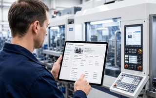 Mitarbeiter vor einer CNC-Maschine mit Tablet und geöffneter digitaler Maschinenakte
