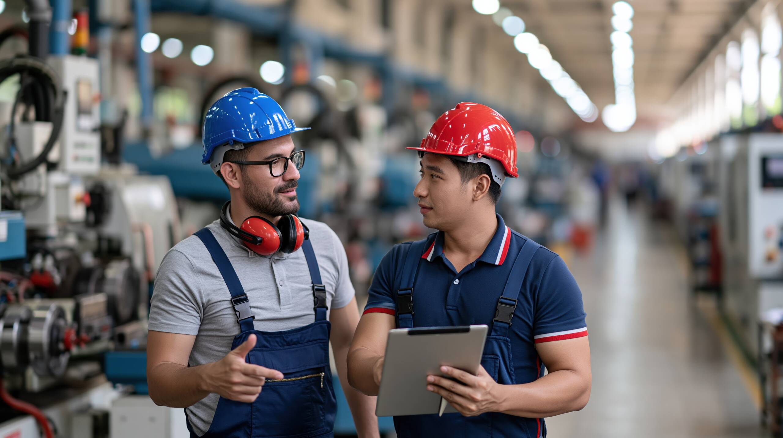 Zwei Mitarbeiter mit Schutzhelmen besprechen an einer Produktionslinie auf einem Tablet den QM-Prozess im Qualitätsmanagement.