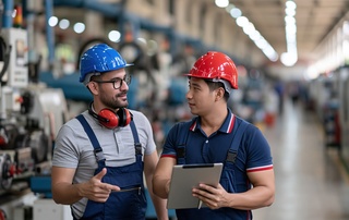 Zwei Mitarbeiter mit Schutzhelmen besprechen an einer Produktionslinie auf einem Tablet den QM-Prozess im Qualitätsmanagement.