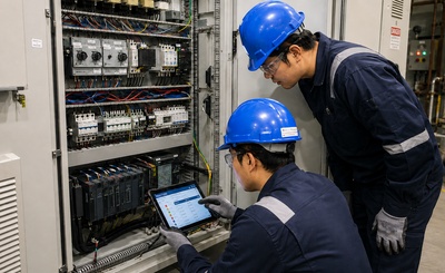 Troubleshooting Zwei Techniker mit blauen Schutzhelmen beim Troubleshooting an einem geöffneten Schaltschrank, einer prüft Daten auf einem Tablet