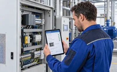 digitale serviceberichte Servicetechniker dokumentiert Arbeiten an einem Schaltschrank mit digitalen Serviceberichten auf dem Tablet