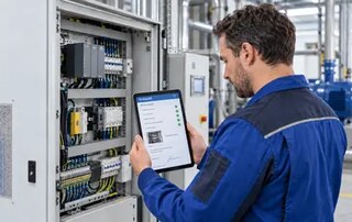 Servicetechniker dokumentiert Arbeiten an einem Schaltschrank mit digitalen Serviceberichten auf dem Tablet
