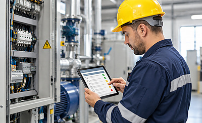 wartungsplan-vorlage Techniker mit Schutzhelm prüft einen Schaltschrank und bearbeitet einen digitalen Wartungsplan auf dem Tablet