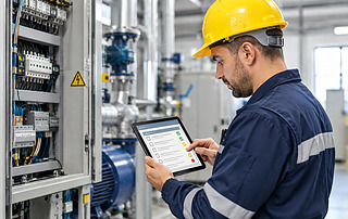 Techniker mit Schutzhelm prüft einen Schaltschrank und bearbeitet einen digitalen Wartungsplan auf dem Tablet