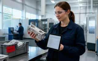 Qualitätsprüferin prüft ein reklamiertes Metallteil und dokumentiert den Befund auf dem Tablet